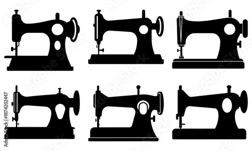 Six Vintage Sewing Machines Silhouettes on White Background black 1