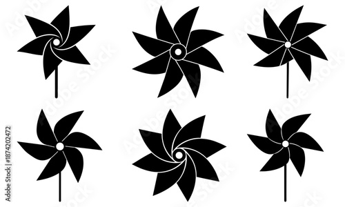 Six Black Windmill Pinwheels with White Center and Spokes on White Background silhouette