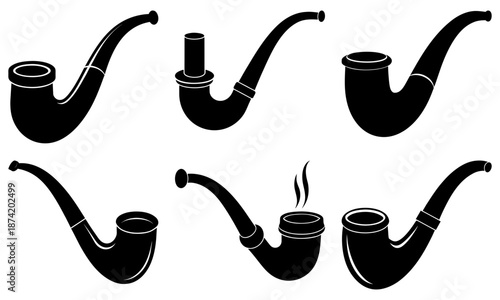 Five black pipes with smoke on white background smoking tobacco