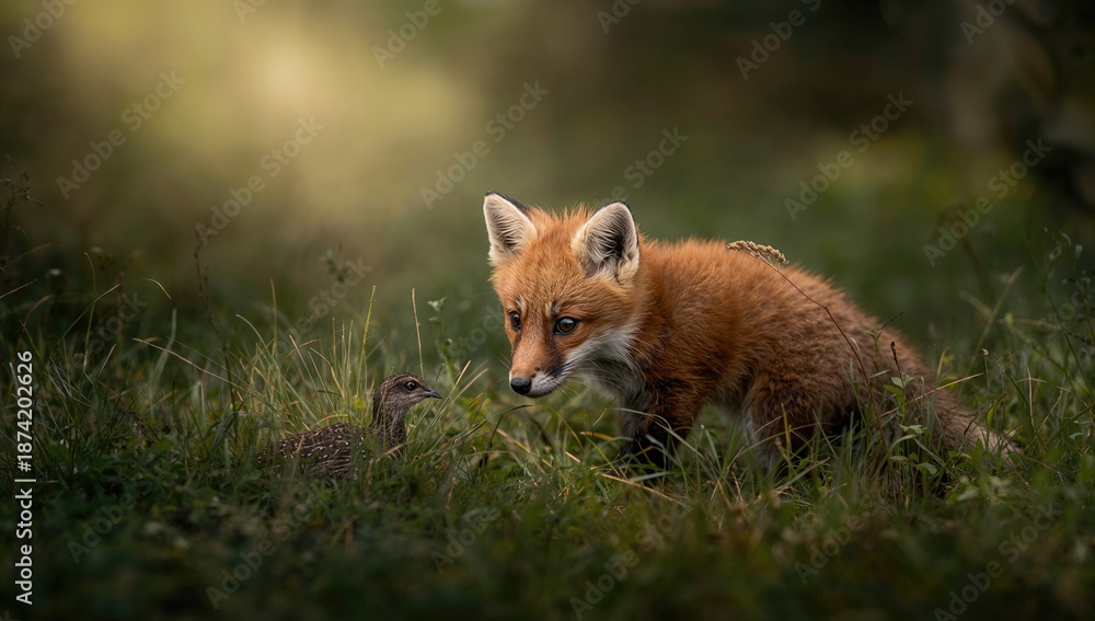 Obraz premium Young red fox exploring its environment while hunting a partridge, natural behavior in wildlife studies