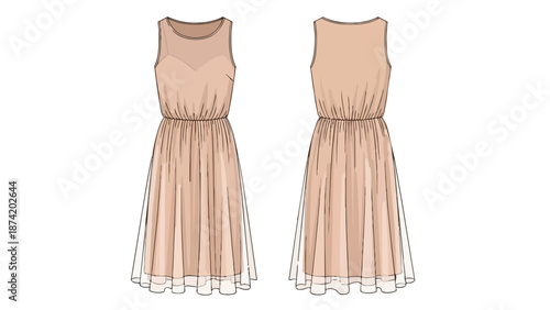 Fashionable Sleeveless Midi Dress Design Front and Back Views Fashion Illustration