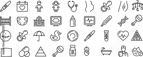 Baby care and newborn health line icon set featuring pregnancy, medical checkups, nutrition, pacifier, bottle, hospital, diaper, thermometer, childcare, pediatric care and parenting essentials.