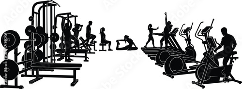 Gym Workout Vector Silhouette Scene, People Exercising with Weight Training Equipment and Cardio Machines, Representing Fitness, Health, Wellness, and Active Lifestyle