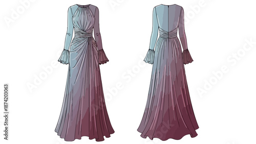 Elegant Draped Evening Gown Design with Bell Sleeves Showcasing Front and Back Views