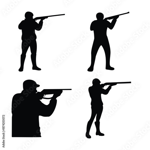 Hunter and shooter silhouettes: various poses of men with rifles for sport and recreation