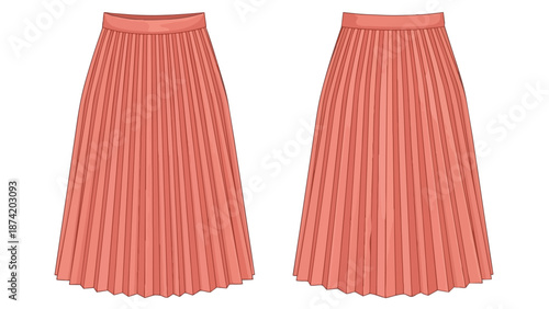 Vivacious Coral Pleated Midi Skirt Fashion Illustration Front and Back View Artistic Render