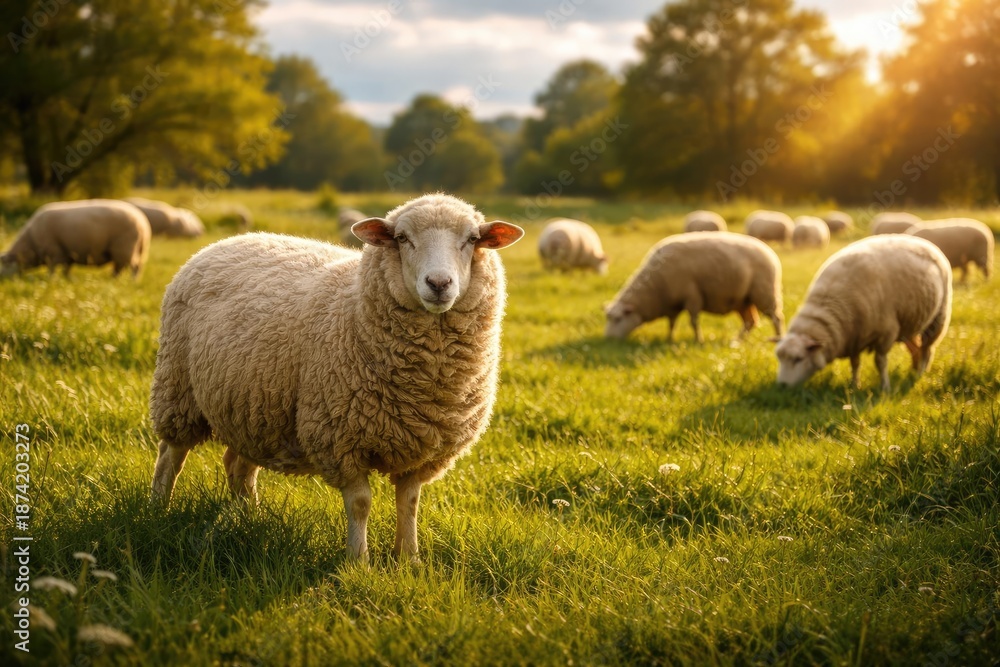 Fototapeta premium Joyous sheep grazing on a vibrant green grass field in full length during a warm summer day