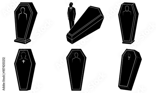 Six Black Coffins with Silhouettes on White Background