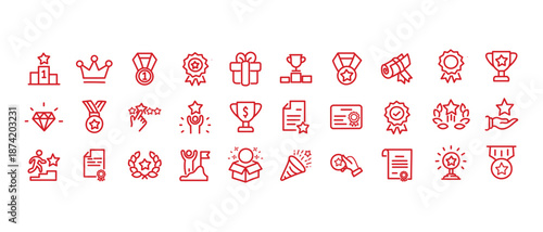 Reward set of web icons in line style. A collection of linear icons representing various reward concepts, including gift, trophy, recognition, reward program, medal, bonus, and more. Editable stroke.