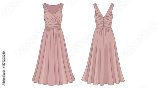 Elegant Dusty Rose V-Neck Gown Design Illustration Front and Back Views