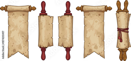 Hand-drawn vintage scroll banners with ornate wooden handles, medieval parchment textures, ancient manuscript style elements, retro fantasy paper for historical or fantasy themed design