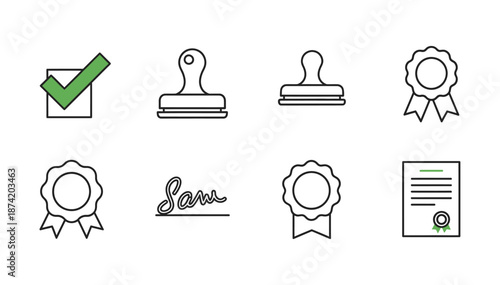 Set of Icons representing verification, approval, and certification with stamps, seals, and a signature