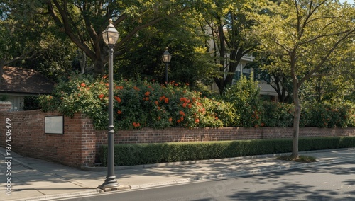 Street corner with a pole, streetlight, and concrete sidewalk, brick wall and garden backdrop, ideal for signage or text overlay