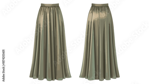 Elegant flowing maxi skirt design presentation front and back views on white background