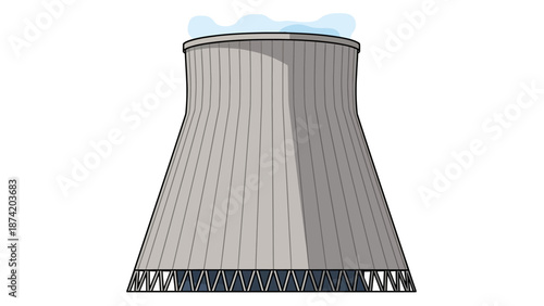 Illustration of a large, cylindrical cooling tower emitting a plume of steam into the air, symbolizing industrial processes