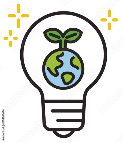 電球と地球のアイコン。環境、エコロジー、SDGsのイメージ。Light bulb and globe icon.