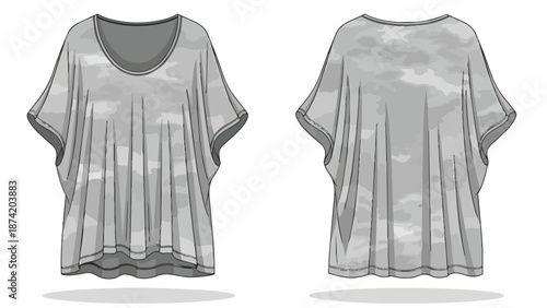 Detailed fashion sketch showcasing a loose-fitting, short-sleeved grey t-shirt with a unique camouflage pattern and visible stitching