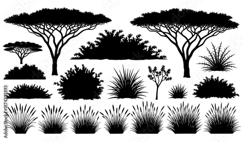 African savannah plants and acacia tree silhouettes vector set