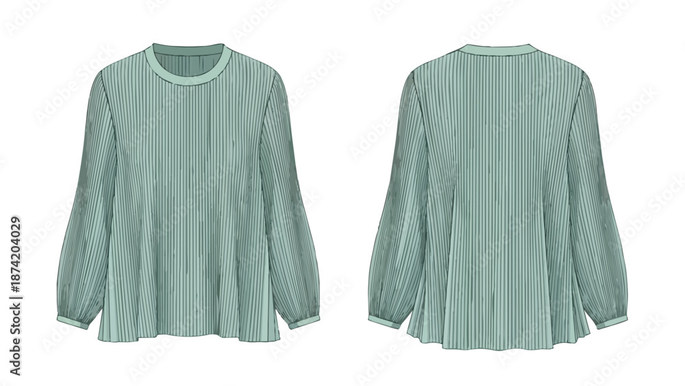 Obraz premium Elegant Mint Green Pleated Long Sleeve Blouse Presented Front and Back for Fashion Design Reference
