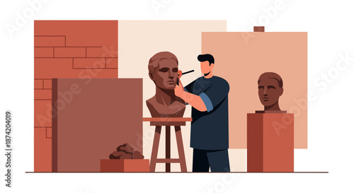 Artist Sculpting Clay Bust in Studio Workshop.