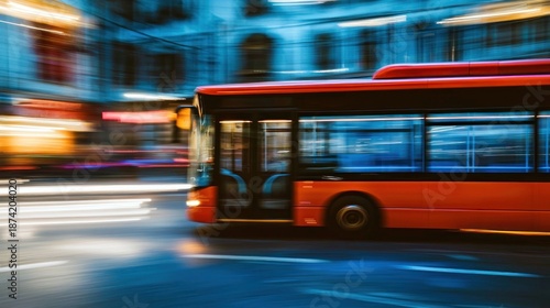 A red and orange bus driving through a city street with blurred lights and buildings in the background.