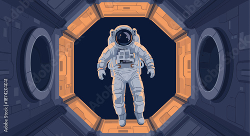 Astronaut Floating Inside Space Station Module Window.