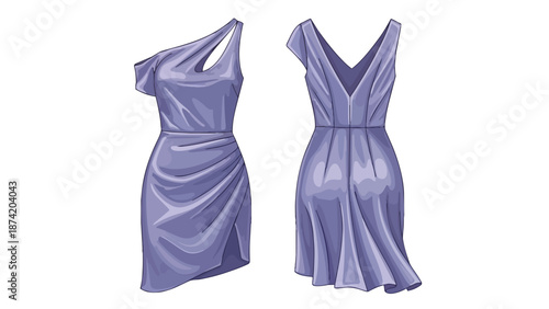 Elegant Lilac Cocktail Dress Rendered with Draping Details and Asymmetrical Neckline Offering Front and Back Views