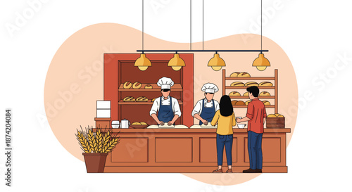 Bakery Counter with Bakers Serving Customers.