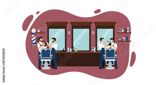 Barber Cutting Hair in Modern Barbershop Interior.