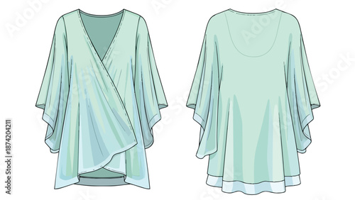 Elegant Mint Green Wrap Blouse Fashion Design Illustration with Detailed Draping and Flowing Sleeves