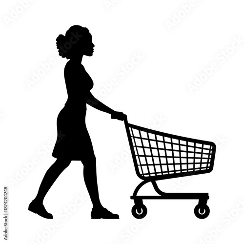 Black silhouette of a woman pushing a supermarket shopping cart, side view, isolated without background