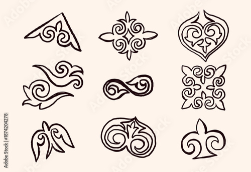 Hand Drawn Kazakh Ornamental Line Art Set