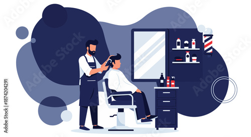 Barber Cutting Hair of Male Customer in Chair.