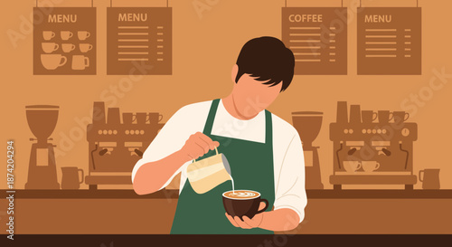 Barista Preparing Latte Art in Coffee Shop.