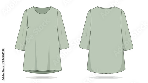 Minimalist Light Green Tunic Fashion Design Flat Sketch Front and Back View