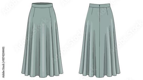 Elegant midi length skirt design flat sketch front and back views showcasing fabric drape and pleating details for fashion illustration