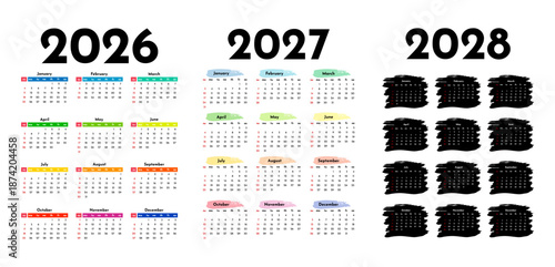 Set of calendars for 2026, 2027 and 2028 on a white background