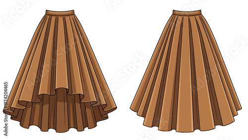 Chic pleated midi skirts presented with a high-low hem and standard hem showcasing fabric drape