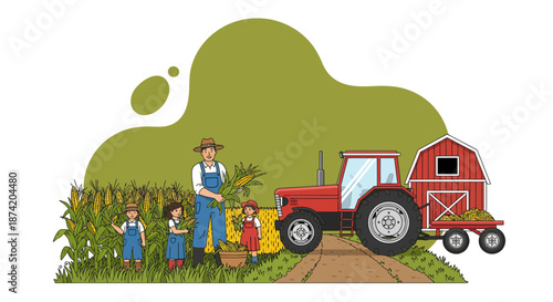 Bright red farm tractor with attached trailer illustration.