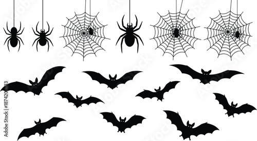 Halloween bats and spiders vector illustration with spooky cobwebs, flying bat silhouettes, creepy spider icons, scary Halloween decoration elements for holiday design and party graphics