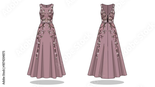 Elegant mauve floor-length gown adorned with delicate floral embroidery showcasing intricate details and flowing silhouette