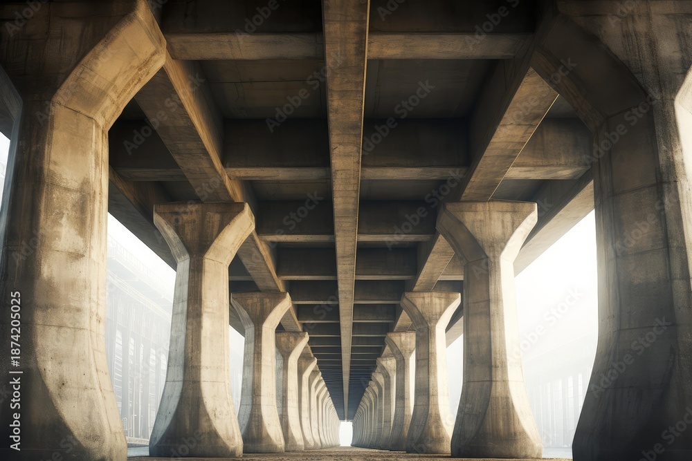 Fototapeta premium Heavy concrete pillars and beams creating a symmetrical, leading perspective under a highway overpass