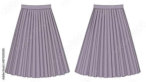 Fashion illustration of two lavender pleated midi skirts displayed against a white background.