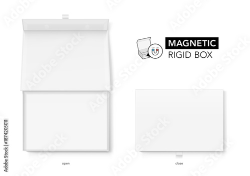 White magnetic rigid box with tab mockup. Vector illustration isolated on white background. Taking your 2D designs into 3D. Can be use for gift box, luxury, cosmetics, and other goods. EPS10.