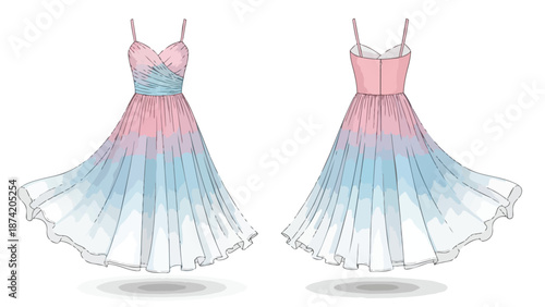 Exquisite Ombre Evening Gown Design Illustration Featuring Delicate Straps and Flowing Skirt in Pastel Hues