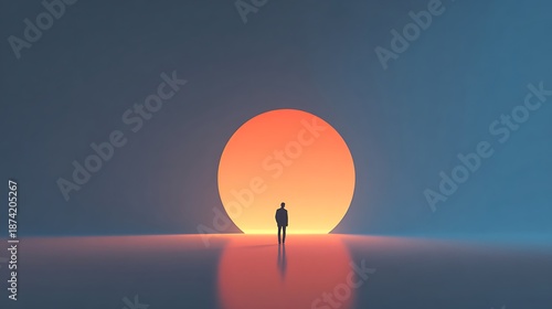 Solitary Human Silhouette Facing Glowing Circular Light in Vast Minimal Space