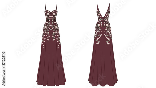 Elegant long floral embroidered evening gown showcased from front and back views with delicate blossom embellishments