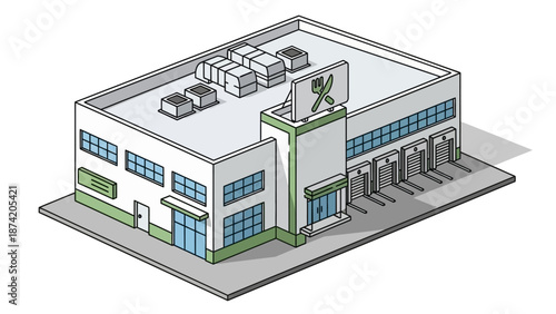 Isometric illustration of a modern industrial building with loading docks and rooftop HVAC units, showcasing contemporary commercial architecture