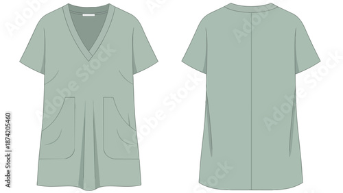 Fashion flat sketch of a modern v-neck short-sleeve tunic top with front pleats and two large functional pockets in a soothing sage green hue