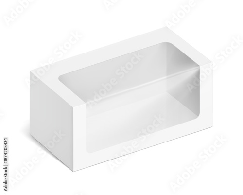 Universal mockup of blank cardboard box with transparent window. Vector illustration isolated on white background, ready and simple to use for your design. EPS10.